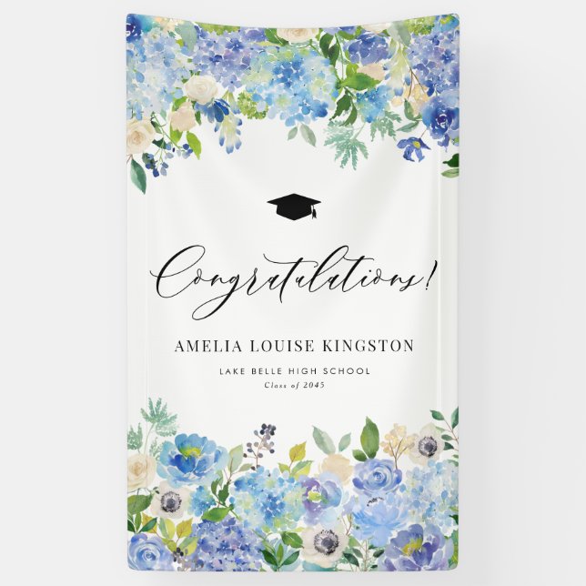 Lona Felicidades por la graduación de Hydrangea Azul (Vertical)