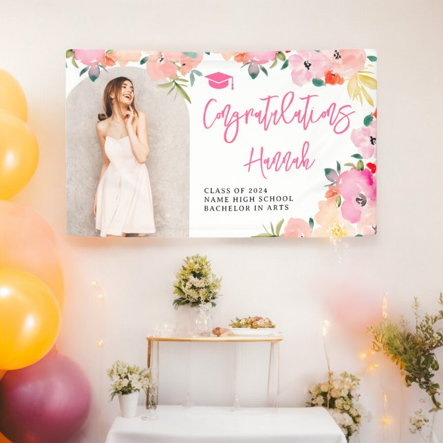 Lona Felicidades por la graduación floral del Boho gard (Spring pink boho garden floral graduation congrats banner)