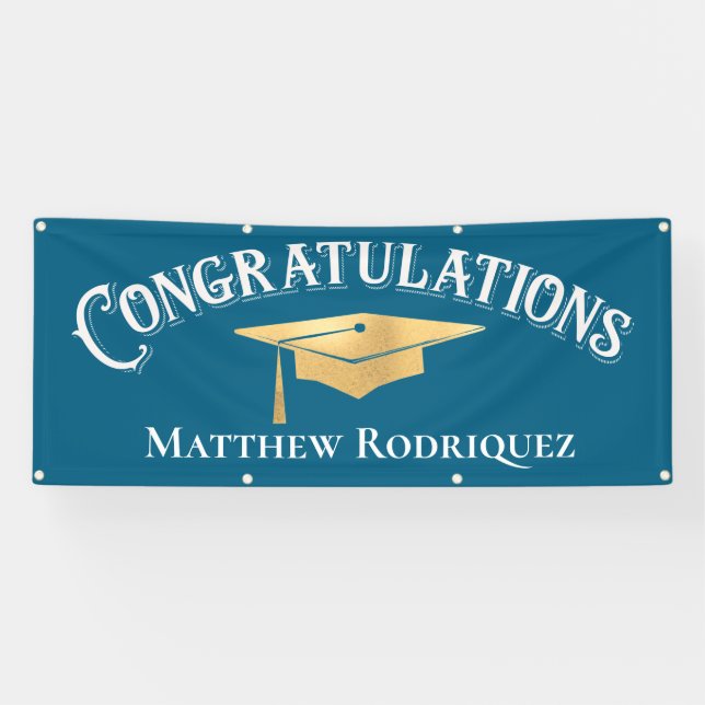 Lona Felicidades por la graduación moderna en azul (Horizontal)