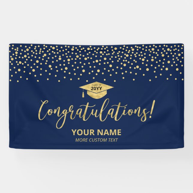 Lona Felicitación de graduación de confeti dorado y azu (Horizontal)