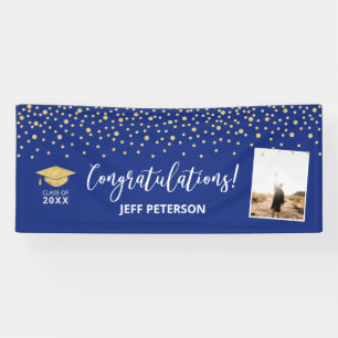 Lona Felicitación de graduación de confeti dorado y azu