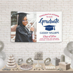 Lona Felicitaciones 1 Foto Graduación en Blanco y Azul 