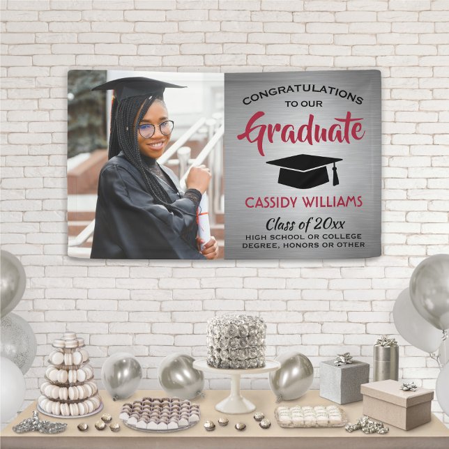 Lona Felicitaciones 1 Foto Graduación Moderna Gris Rojo (Subido por el creador)