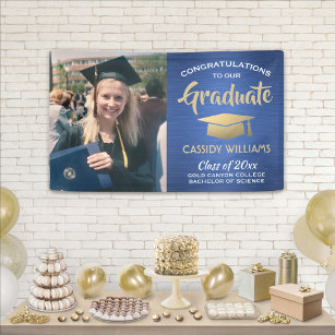 Lona Felicitaciones 1 Foto Oro Azul Graduación Blanca M