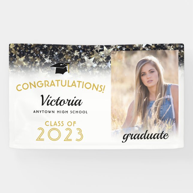 Lona Felicitaciones 2023 Graduate Gold and White Photo (Horizontal)