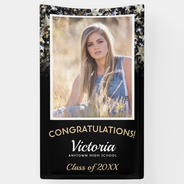 Lona Felicitaciones 2025 Graduate Black and Gold Photo (Vertical)