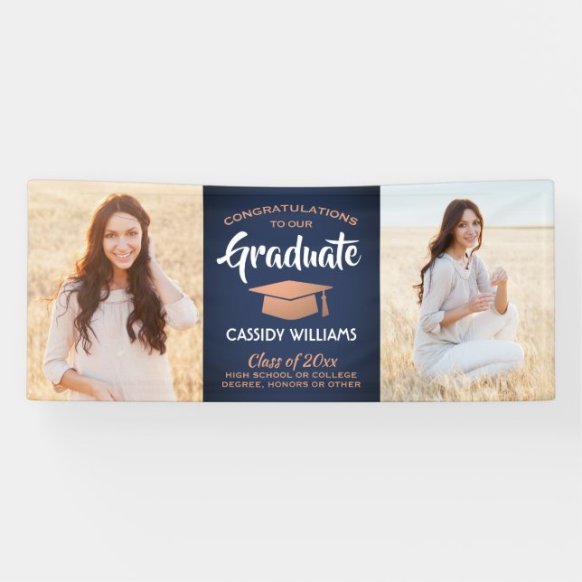 Lona Felicitaciones 2 graduación de cobre blanco azul d (Horizontal)