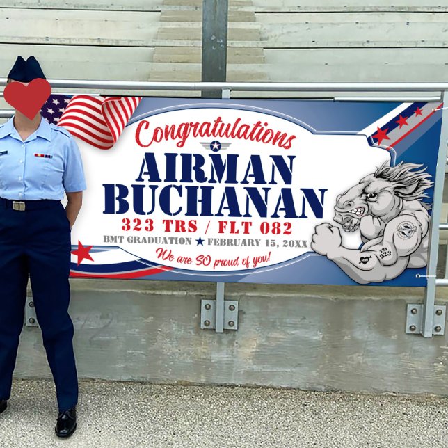Lona Felicitaciones 323 Graduación de la Fuerza Aérea d (Air Force, Graduation Vinyl Banner, 323 TRS Mustangs mascot, BMT Basic Training, Airman Graduation)