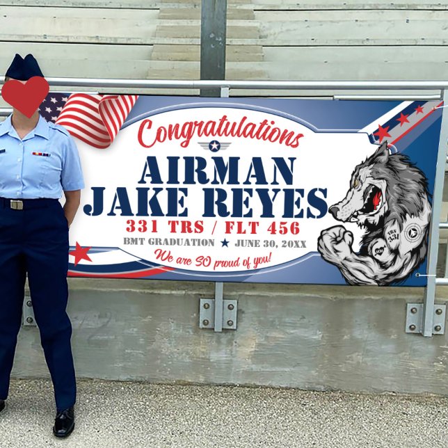 Lona Felicitaciones 331 Graduación de la Fuerza Aérea W (Air Force, Graduation Vinyl Banner, 331 TRS Wolfpack mascot, BMT Basic Training, Airman Graduation)