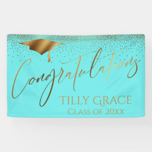 Lona Felicitaciones a Graduate Gold Confetti en Aqua