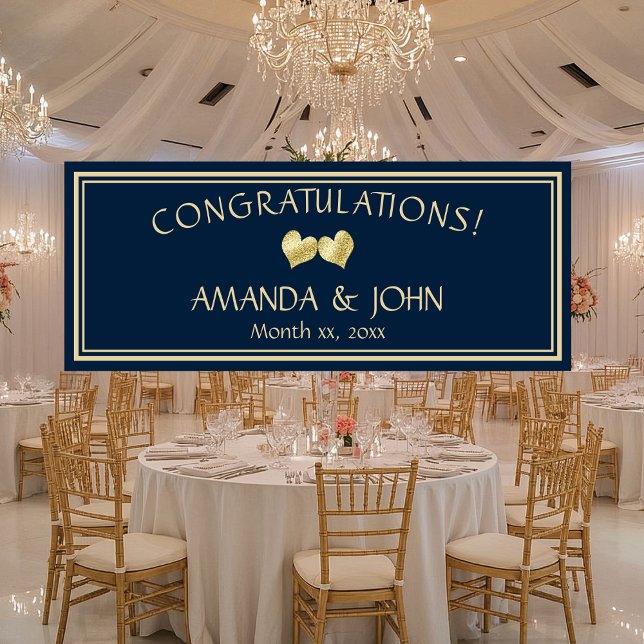 Lona Felicitaciones a la Marina y a la Boda Elegante de (Navy and Gold Elegant Wedding Congratulations Banner)