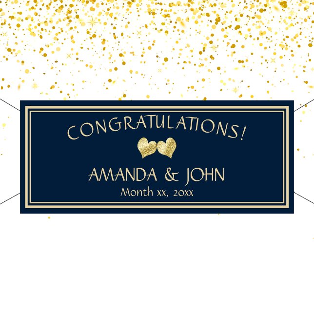 Lona Felicitaciones a la Marina y a la Boda Elegante de (Navy and Gold Elegant Wedding Congratulations Banner)
