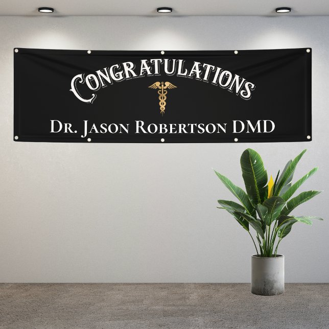 Lona Felicitaciones Dentist Dental Elegant Black Gold (Congratulations Medical Doctor, Nurse, Dentist Graduation Promotion Banner)