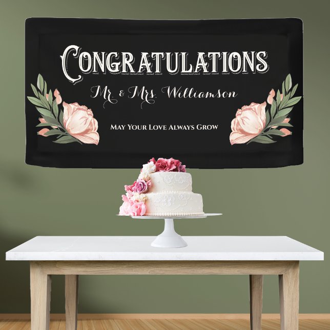Lona Felicitaciones Flores Elegantes de recepción de bo (Congratulations Wedding Engagement Anniversary Banner)