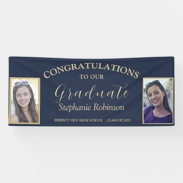 Lona Felicitaciones Gold Script 2 Photo Grad Blue (Horizontal)