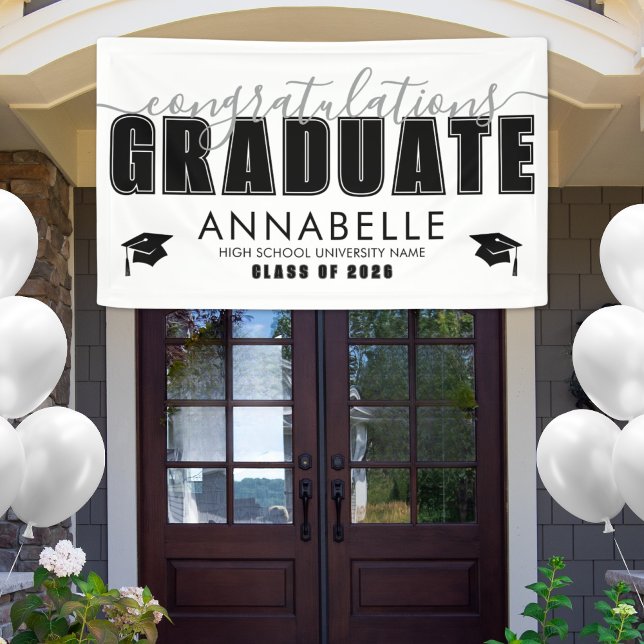 Lona Felicitaciones Grad Black White Graduation Party (Congratulations Grad Black White Graduation Party Banner )