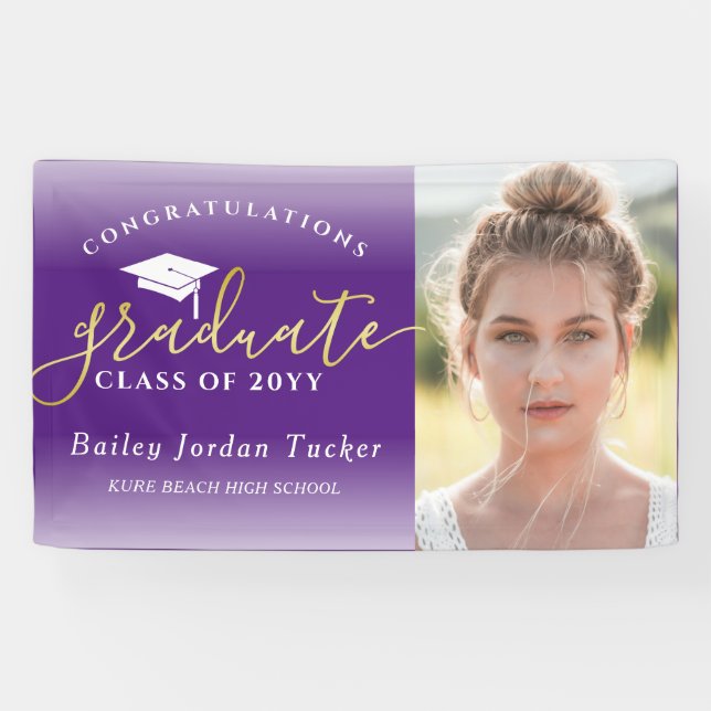 Lona Felicitaciones Graduación de foto de oro morado (Horizontal)