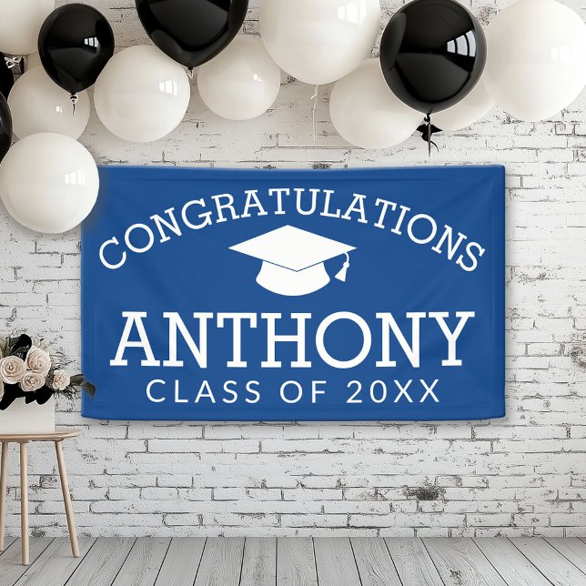 Lona Felicitaciones Graduado Cap - azul (Custom Graduation Banner for a Grad Party or Open House)
