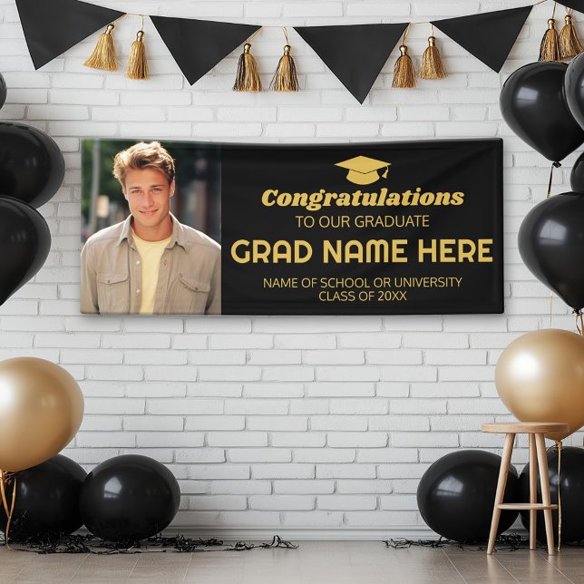 Lona Felicitaciones Graduado con foto - Oro Negro (Custom Graduation Banner with Photo and Grad Name)