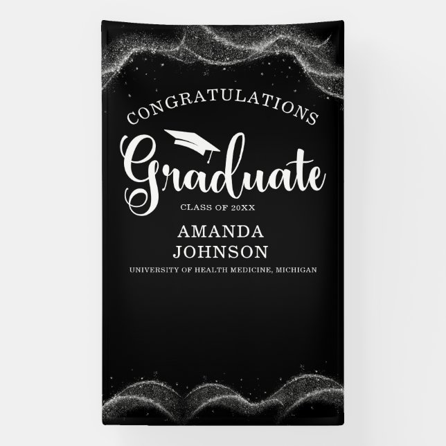 Lona Felicitaciones Graduado de Blanco Negro (Vertical)