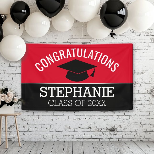 Lona Felicitaciones Graduado - Graduación negra roja (Custom Graduation Banner for a Grad Party or Open House)