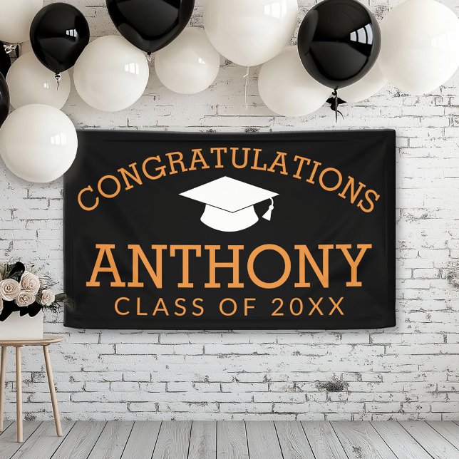 Lona Felicitaciones Graduado Naranja Negro (Custom Graduation Banner for a Grad Party or Open House)
