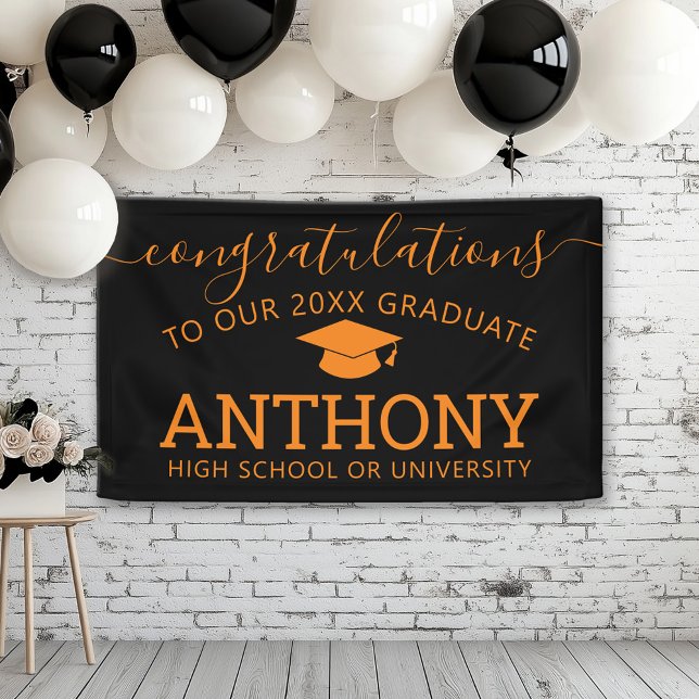 Lona Felicitaciones Graduado naranja negro gorra virtua (Custom Graduation Banner for a Grad Party or Open House)