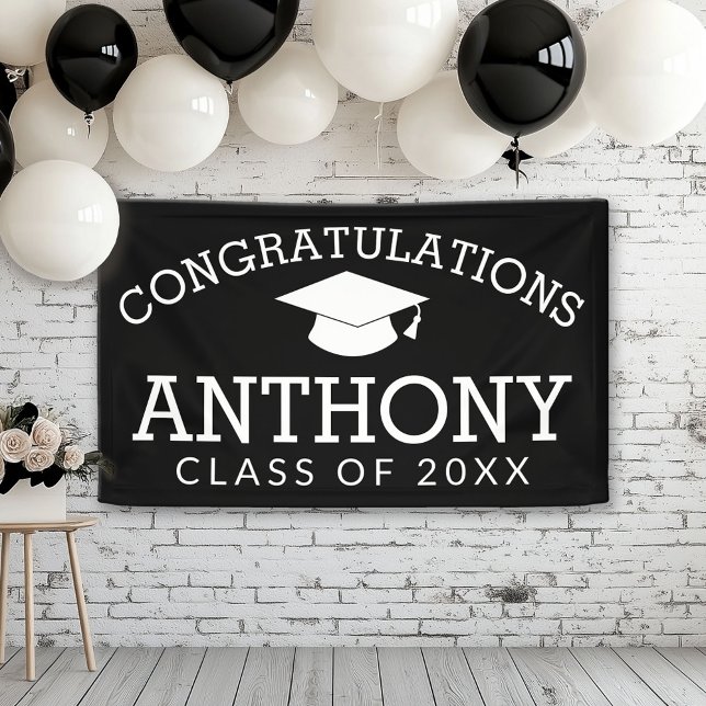 Lona Felicitaciones Graduado PUEDE EDITAR negro (Custom Graduation Banner for a Grad Party or Open House)