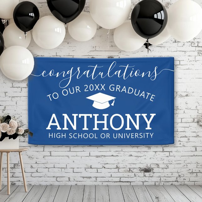Lona Felicitaciones Graduado virtual azul moderno (Custom Graduation Banner for a Grad Party or Open House)