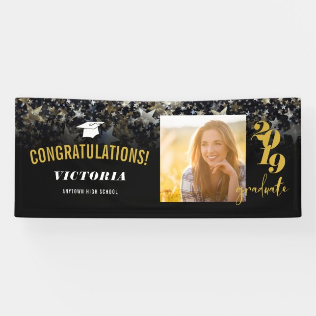 Lona Felicitaciones Graduate Black and Gold | Foto (Horizontal)