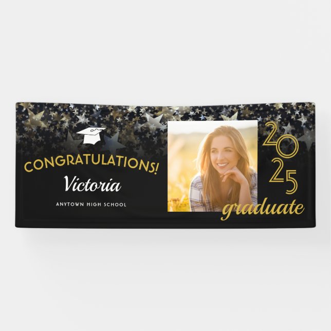 Lona Felicitaciones Graduate Black and Gold Photo (Horizontal)