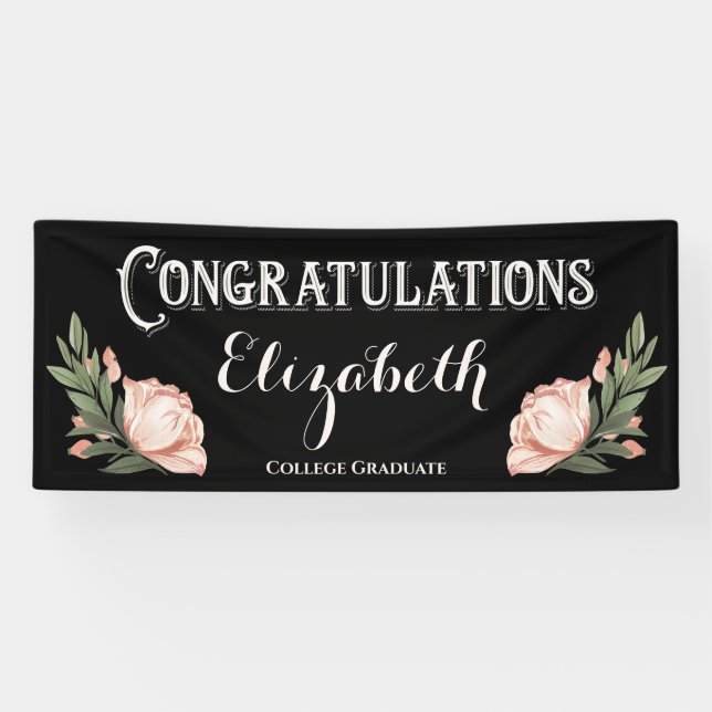Lona Felicitaciones Graduate Flowers Black Pink (Horizontal)