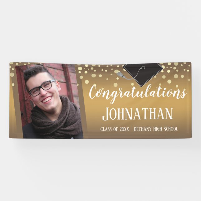 Lona Felicitaciones Graduation Gold Confetti Photo (Horizontal)