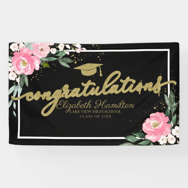 Lona Felicitaciones Hot Pink Floral Graduation Party (Horizontal)