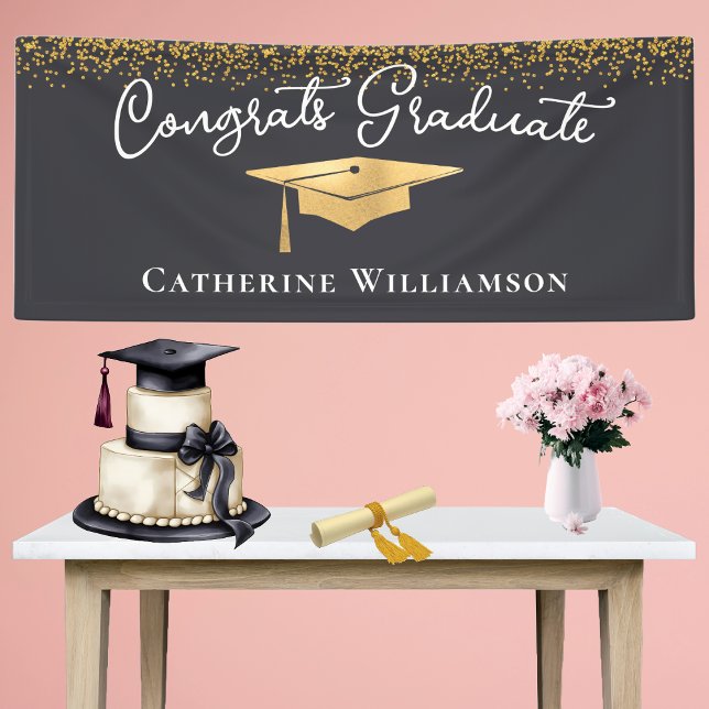 Lona Felicitaciones Personalizado Elegant Gold Graduate (Elegant Gold Graduation Cap Congratulations Graduation Party Banner)