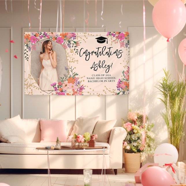 Lona Felicitaciones por la graduación de acuarela flora (Gold glitter floral watercolor graduation congrats banner)