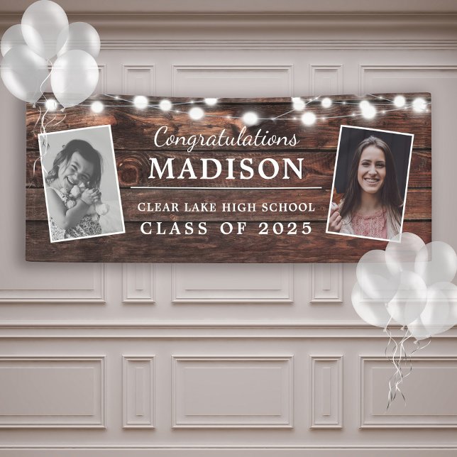 Lona Felicitaciones Rustic Wood String Lights Grad 2 -  (A graduation banner on wood background. It reads Name, school and custom messsage with 2 photos)