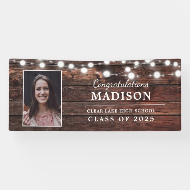Lona Felicitaciones Rustic Wood String Lights Grad Phot (Horizontal)