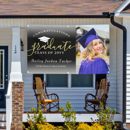 Lona Felicitaciones Script Black Gold Photo Graduation