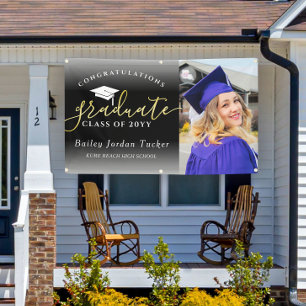 Lona Felicitaciones Script Black Gold Photo Graduation