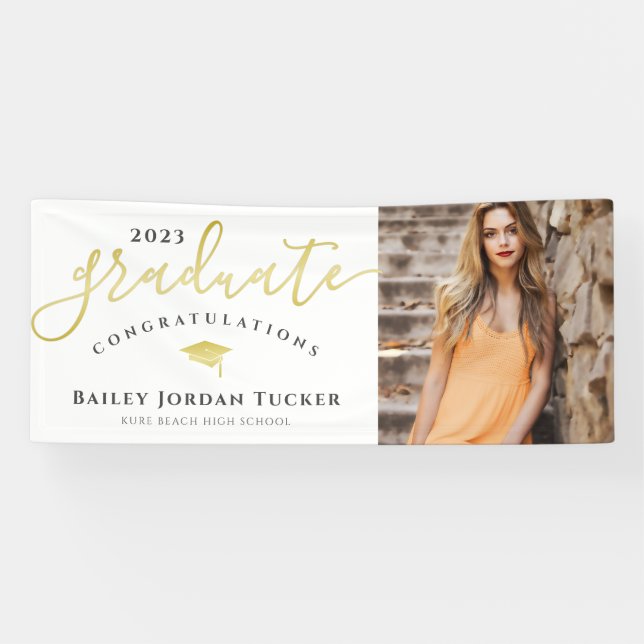 Lona Felicitaciones Script Black Gold Photo Graduation (Horizontal)
