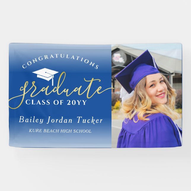Lona Felicitaciones Script Blue Gold Photo Graduation (Horizontal)