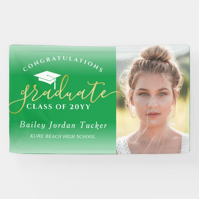 Lona Felicitaciones Script Green Gold Photo Graduation (Horizontal)