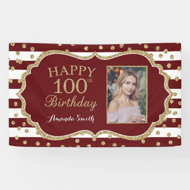Lona Feliz 100 aniversario Banner Burgundy Gold Photo (Horizontal)