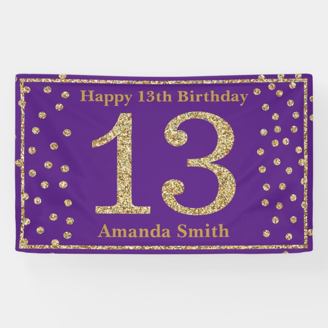 Lona Feliz 13.º Nacimiento Banner Purple and Gold Purpu (Horizontal)