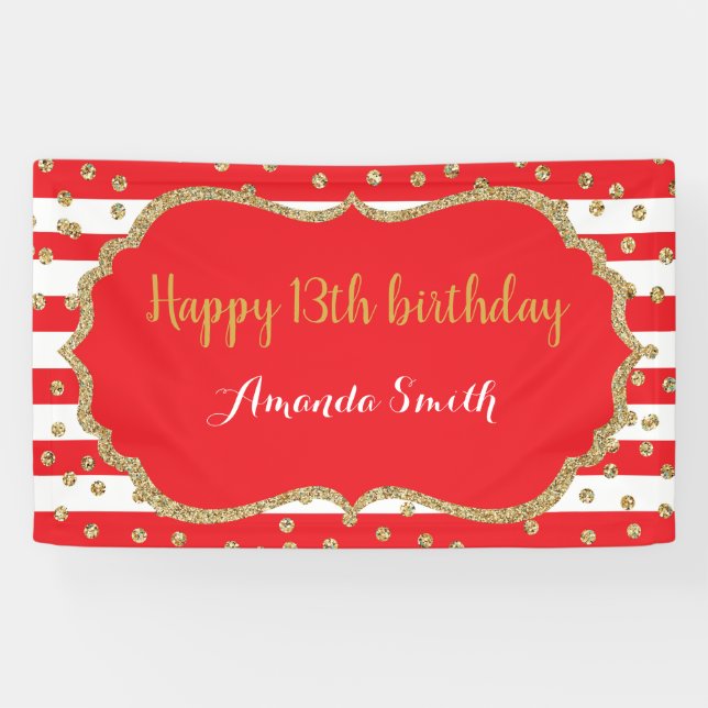 Lona Feliz 13.º Nacimiento Banner Purpurina Oro Rojo (Horizontal)