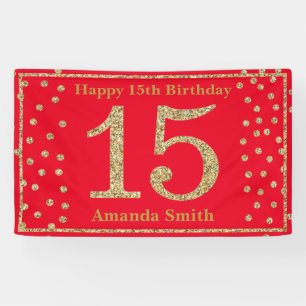 Lona Feliz 15º Nacimiento Banner Purpurina Rojo y Oro