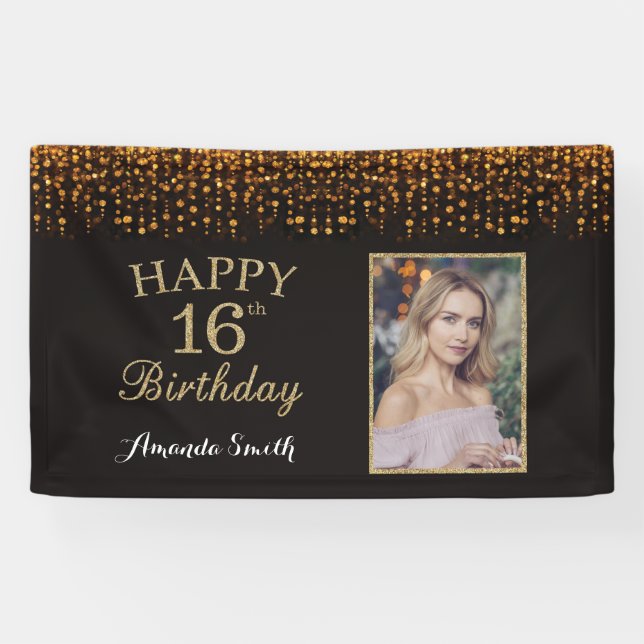 Lona Feliz 16º aniversario. Foto Purpurina Gold (Horizontal)