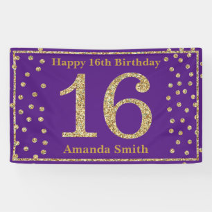 Lona Feliz 16º cumpleaños Banner Purple and Gold Purpur