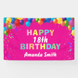 Lona Feliz 18 cumpleaños, globos coloridos, de rosa cal